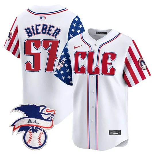 Men's Cleveland Guardians #57 Shane Bieber White 2024 Fourth Of July Vapor Premier Limited Stitched Baseball Jersey